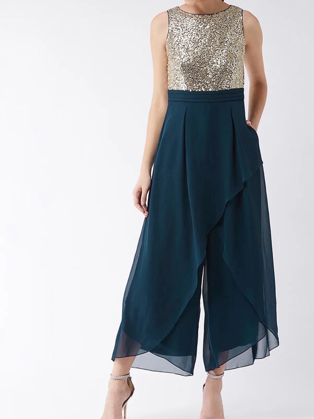 Gold Sequin Bodice & Teal Overlay Wide-Leg Jumpsuit